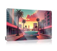 LOP Divertidos letreros de metal de estaño vintage con diseño de coche de crucero: un atardecer conduciendo a través de palmeras, letrero de estaño forrado para la calle, bar, hombre, cueva, póster de