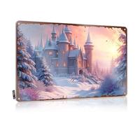 LOP Divertidos letreros de metal para bar, castillo de invierno encantado al atardecer, letrero de estaño para el hogar, bar, divertido (20 x 30 cm)