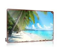 LOP Divertidos letreros de metal para barra, palmeras, playa de arena blanca, agua azul transparente, letrero de estaño de paraíso tropical, letrero de cueva para el hogar, bar, divertido (20 x 30 cm)