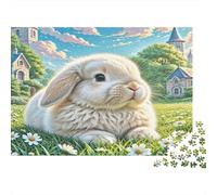 Lop-Eared Rabbit Adult Challenging Puzzle Games White Rabbit in Meadow for Women, Gifts for Men Age 14 Years Up 52x38cm/1000pcs