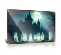 LOP Letrero de bar para bar al aire libre, fantasmas espeluznantes se reúnen antes de castillo embrujado, bajo luna llena, letrero de estaño, placa divertida para hombre (20 x 30 cm)