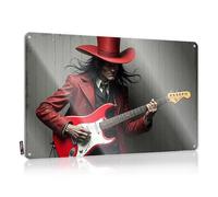 LOP Letrero de estaño decorativo con diseño de guitarrista de sombrero rojo en atuendo vintage, letrero divertido para habitación (20 x 30 cm)