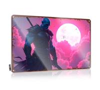 LOP Letrero de estaño decorativo con guerrero azul con espada contra el cielo iluminado por la luna rosa, letrero divertido para habitación (20 x 30 cm)