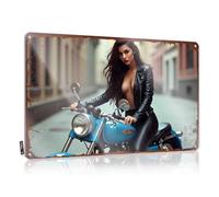 LOP Letrero de estaño decorativo con texto en inglés "Riding the Wind: Beauty On A Blue Motorcycle - Letrero divertido para habitación (30 x 40 cm)