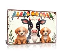 LOP Letrero de estaño divertido con texto en inglés "Farm Friends": cachorros, vacas y pájaros en rama, decoración del hogar para hombres (20 x 30 cm)