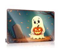 LOP Letrero de estaño para exteriores, con texto en inglés "A Cute Ghost Holding A Jack-O'-Lantern In A Spooky Cemetery" (20 x 30 cm)
