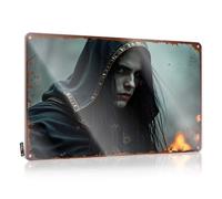 LOP Letrero de lata con texto en inglés "Warning Dark Mystic: The Enigmatic Figure In Shadows" - Letrero de estaño divertido para garaje y bar, letrero de café vintage (20 x 30 cm)