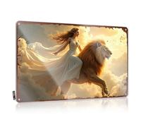 LOP Letrero de lata con texto en inglés "Warning Golden Dreams: A Woman In White Riding A Lion Through The Clouds" - Letrero de lata divertido para garaje y bar, letrero de café vintage (20 x 30 cm)