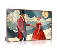 LOP Letrero de lata con texto en inglés "Warning Romantic Winter Evening: A Man In Top Hat And Woman In Red Dress - Letrero de estaño divertido para garaje o bar, letrero vintage de café (20 x 30 cm)