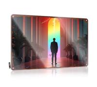 LOP Letrero de metal con diseño de silueta vintage de pie delante de la puerta del arco iris vibrante con relámpago, letrero de lata para puerta de dormitorio, señal de límite de cerveza (30 x 40 cm)