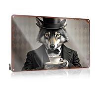 LOP Letrero de metal con texto en inglés "A Dapper Wolf In Top Hat Enjoying A Steaming Cup Of Te", letrero de lata de metal divertido para bar (30 x 40 cm)