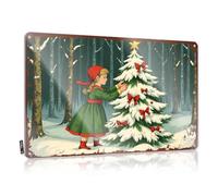 LOP Letrero de metal con texto en inglés "A Girl Decorating A Snowy Christmas Tree In The Forest", letrero de estaño divertido para decoración del hogar, reglas de bar, letrero de metal (20 x 30 cm)