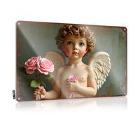 LOP Letrero de metal decorativo vintage con ángel encantador con rosas rosas: una obra de arte caprichosa, letrero de lata para puerta de dormitorio, señal de límite de cerveza (30 x 40 cm)