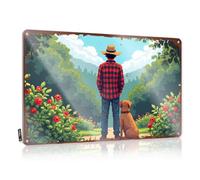 LOP Letrero de metal divertido con texto en inglés "Man In Plaid Shirt with Dog Stands Amidst Lush Garden" - Letrero de estaño para oficina (30 x 40 cm)