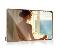 LOP Letrero de metal para adultos con texto en inglés «For Man Cave Sunlit Serenity: A Woman Enjoys The View Of The Ocean From Her Wi», para videojuegos, decoración de metal (30 x 40 cm)
