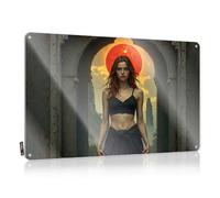 LOP Letrero de metal vintage con diseño de mujer pelirroja de pie delante de una puesta de sol dramática, letrero decorativo de cerveza (20 x 30 cm)