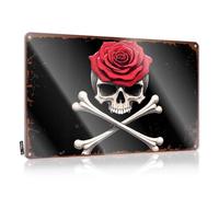 LOP Letrero decorativo de estaño con calavera con rosa roja y huesos cruzados sobre fondo negro, letrero divertido para habitación (30 x 40 cm)