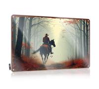 LOP Letrero decorativo de hojalata con texto en inglés "Jinete en niebla otoñal: un viaje a caballo a través del bosque", divertido letrero de estaño para habitación (30 x 40 cm)