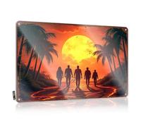 LOP Letreros de cueva de hombre para hombres, siluetas, paseando por lava-camino entre palmeras bajo un fuego, letrero de estaño divertido (20 x 30 cm)