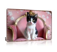LOP Letreros de estaño con texto en inglés «Warning Adorable kitten on a pink velvet chair with gold Tin Sign» con divertido letrero de café vintage para garaje o bar (20 x 30 cm)