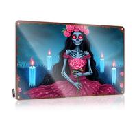 LOP Letreros de metal para bar Day of the Dead: A Skeleton In A Red Dress Holding A Pink Rose Tin Sign Gaming Metal Tin Decor Room Signs para dormitorio (30 x 40 cm)