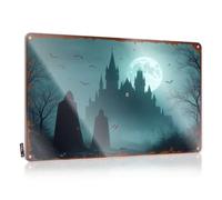 LOP Letreros de metal para bar noche de Halloween: dos figuras en capas antes de un castillo embrujado, letrero de estaño de metal para decoración de habitación (30 x 40 cm)