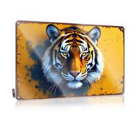 LOP Letreros divertidos para patio, retrato de tigre vibrante sobre fondo rústico, letrero de estaño para garaje, decoración para cueva de hombre (20 x 30 cm)