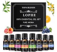LOPHE Juego de Aceites Esenciales, 8 Aceites Aromáticos de 10 ML, Regalo, Aceites Aromáticos Solubles en Agua para Difusor, Humidificador, Masajes, Aromaterapia