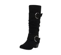 LOPILY Bambas Blancas Hombre Motorcycle Boots Spring And Autumn Side Zipper Belt Buckle Mid Heel Large Size European And American Style Western Cowboy Knee High Boots (Black, 37)