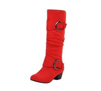 LOPILY Bambas Blancas Hombre Motorcycle Boots Spring And Autumn Side Zipper Belt Buckle Mid Heel Large Size European And American Style Western Cowboy Knee High Boots (Red, 38)