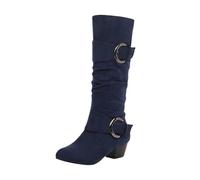 LOPILY Bambas Blancas Hombre Motorcycle Boots Spring And Autumn Side Zipper Belt Buckle Mid Heel Large Size European And American Style Western Cowboy Knee High Boots (Blue, 41)