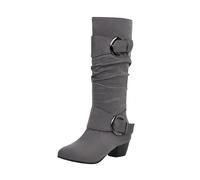 LOPILY Bambas Blancas Hombre Motorcycle Boots Spring And Autumn Side Zipper Belt Buckle Mid Heel Large Size European And American Style Western Cowboy Knee High Boots (Grey, 38)