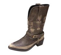 LOPILY Botas De Mujer Bordadas para Mujer Botas con Mangas Tacón Grueso Puntiagudo Hebilla de cinturón Cuello en V Talla Grande Botas cálidas de tacón bajo a Media Pierna (Brown, 38)