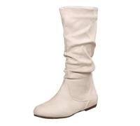 LOPILY Botas Invierno de talla grande para mujer, de primavera y otoño e invierno, con cremallera lateral, plisadas, planas, de gamuza, estilo vaquero occidental, hasta la (White, 36)