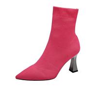 LOPILY Botas Mujer Invierno Cana Ancha Punta Puntiaguda Tejido Volador Malla Tacón De Aguja Talla Grande Botas A Media Pierna (Hot Pink, 36)