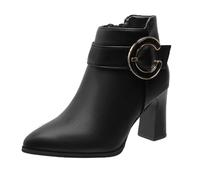 LOPILY Botines Charol de terciopelo con hebilla C de tamaño con tacón grueso a la con cremallera lateral de otoño e invierno para mujer (Black, 39)