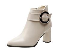 LOPILY Botines Charol de terciopelo con hebilla C de tamaño con tacón grueso a la con cremallera lateral de otoño e invierno para mujer (White, 38)