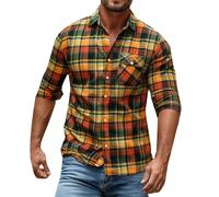 LOPILY Camisas Hombre Trabajo Plaid Single Breasted Shirt Tops Long Sleeved Shirt (Black, L)