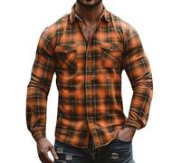 LOPILY Camisas Hombre Trabajo Plaid Single Breasted Shirt Tops Long Sleeved Shirt (Navy, L)