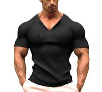 LOPILY Camiseta Manga Corta Hombre en V para Hombre, Camiseta Larga para Entrenamiento en Gimnasio, Camisetas Deportivas (Black, XL)