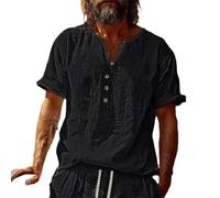 LOPILY Camiseta Transpirable Hombre, Camisetas Casuales de algodón de Manga 3/4, de Corte Regular, Camisetas Ligeras de Verano para Playa y Yoga (Black, XXXL)