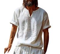 LOPILY Camiseta Transpirable Hombre, Camisetas Casuales de algodón de Manga 3/4, de Corte Regular, Camisetas Ligeras de Verano para Playa y Yoga (White, XXXL)