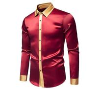 LOPILY Camisetas Calaveras Manga Larga con Solapa de Color a Juego y Corte Entallado para Hombre (Red, M)