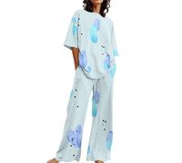 LOPILY Disfraz Halloween Mujer corta con cuello y estampado Floral para mujer, conjunto de 2 tallas grandes con pantalones (Light Blue, XXXXXL)
