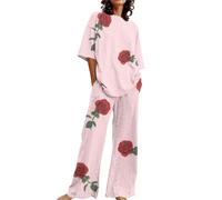 LOPILY Disfraz Halloween Mujer corta con cuello y estampado Floral para mujer, conjunto de 2 tallas grandes con pantalones (Pink, L)