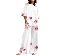 LOPILY Disfraz Halloween Mujer corta con cuello y estampado Floral para mujer, conjunto de 2 tallas grandes con pantalones (White, M)