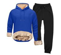 LOPILY Pantalones Traje Hombre Winter Plus Velvet Solid Color Casual Warm Long Sleeved Sweatshirt Loose Thickened Sports Pants Cold Proof Warm Cuff Sweatpants Suit (Blue, M)