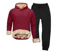 LOPILY Pantalones Traje Hombre Winter Plus Velvet Solid Color Casual Warm Long Sleeved Sweatshirt Loose Thickened Sports Pants Cold Proof Warm Cuff Sweatpants Suit (Wine, M)