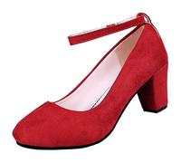 LOPILY Plantilla Juanetes New Suede High Heels Platform Buckle Thick with Medium Heel Shallow Mouth Single Shoes (Red, 40)