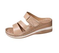 LOPILY Playeros Camarera para mujer, estilo étnico retro de verano, con tacón de cuña ajustable, informales, sencillas, para exteriores, vacaciones en la playa, sandalias casuales cómodas (Khaki, 36)